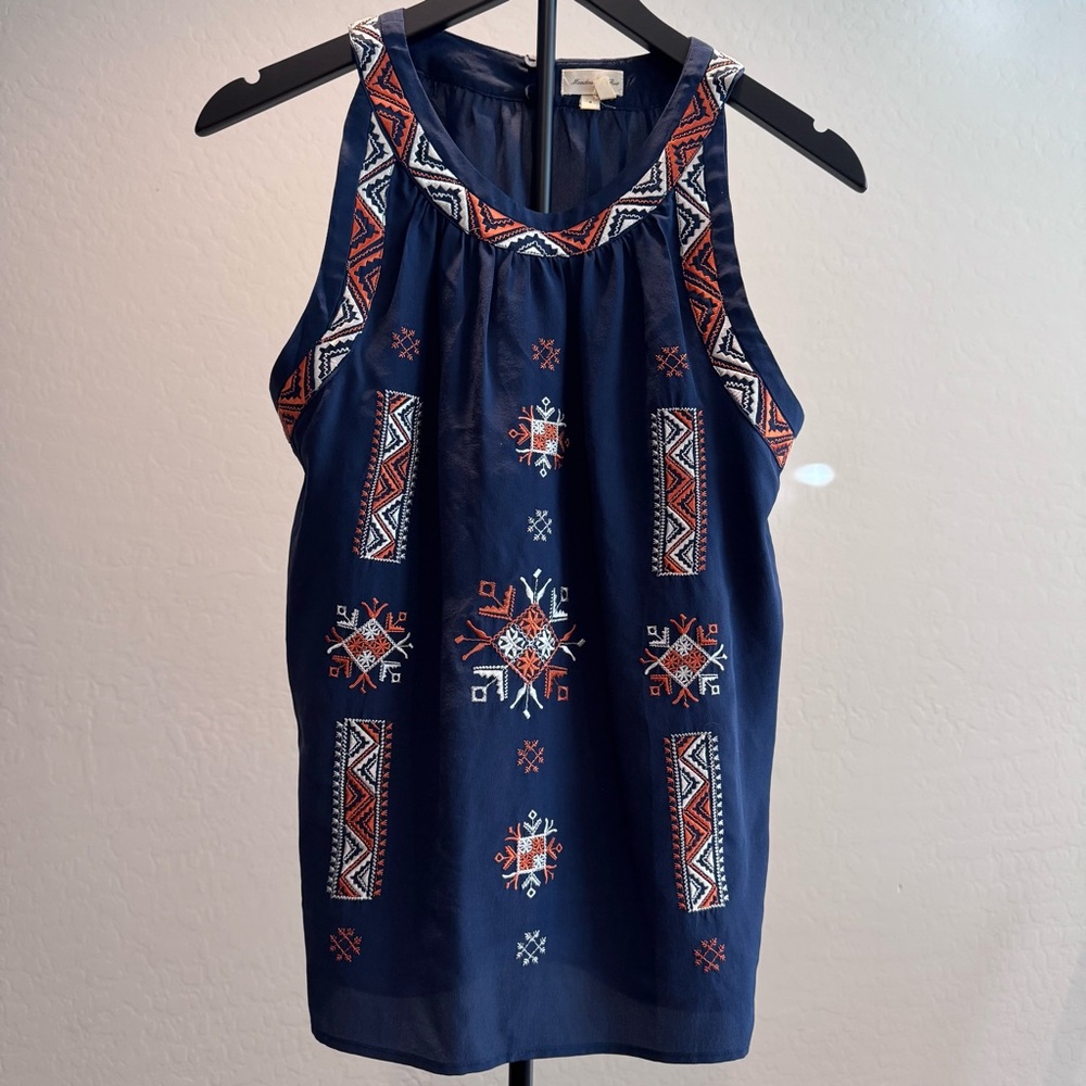 Meadow Rue for‎ Anthropologie: Silk Navy Top w/Geometric Embroidery, Size Small